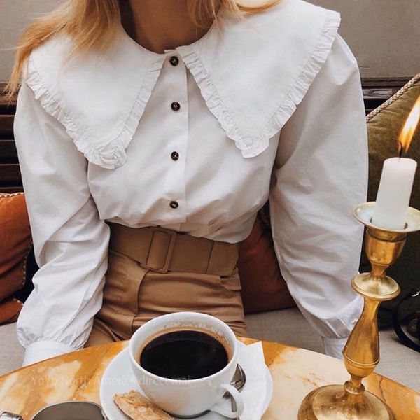 french doll collar lotus leaf big lapel waist waist art retro college style long-sleeve white shirt